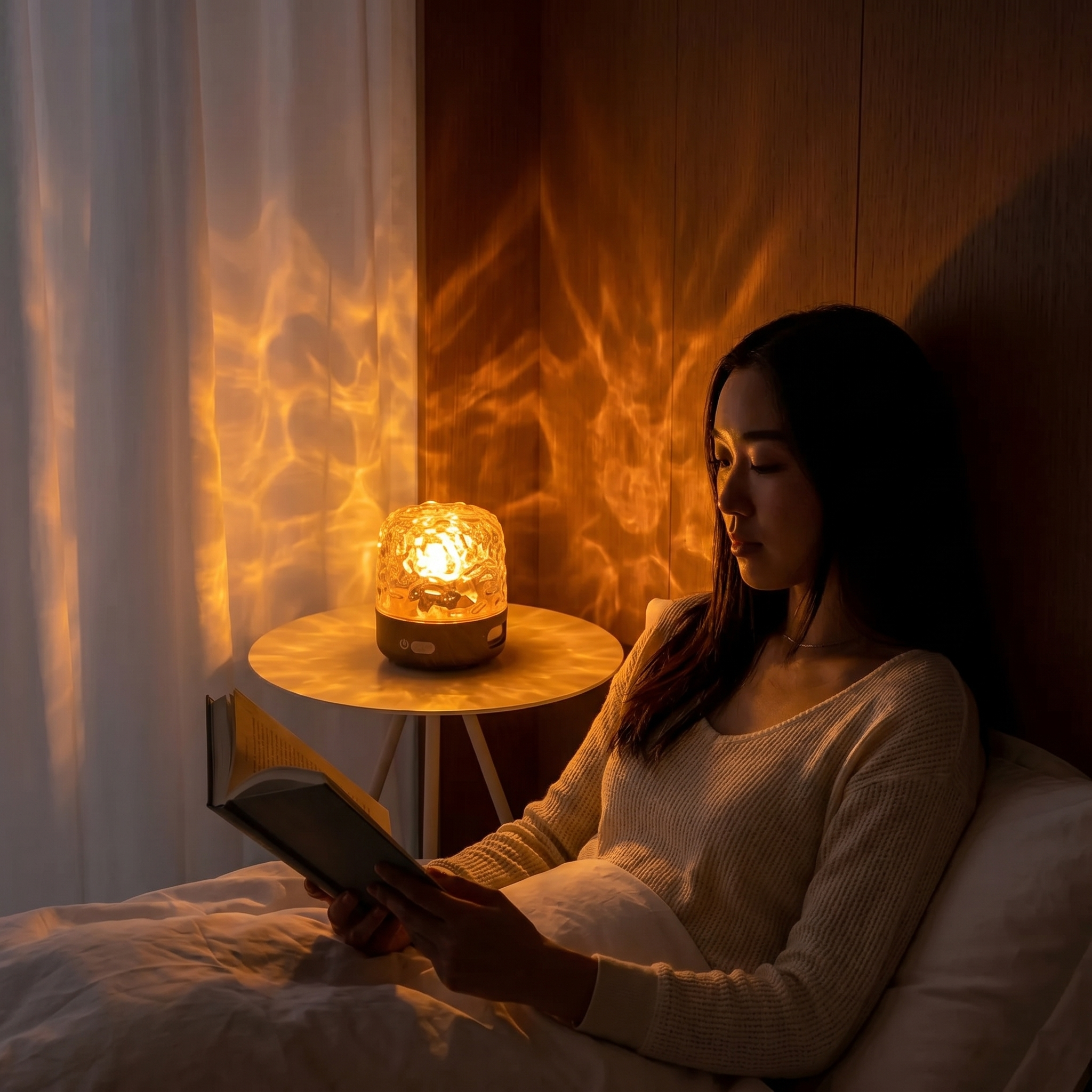 Gemütliches Schlafzimmer im warmen Licht der Lure Lumière